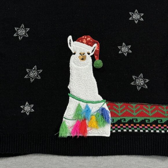 Holiday Time Womens Black Llama Christmas Sweater Hat Tassel Embellished Size XL - Picture 7 of 15